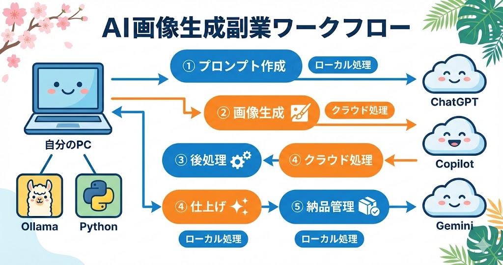 ローカルLLMとクラウドAI無料枠連携図:プロンプトはPC、画像生成はクラウド