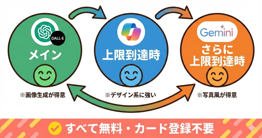 クラウドAIサービス3種ローテーション図:ChatGPT、Copilot、Gemini