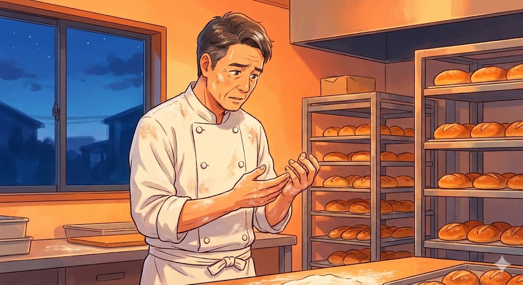 ベテラン製パン職人が、体力低下と将来への不安を感じている様子を表すイメージ
