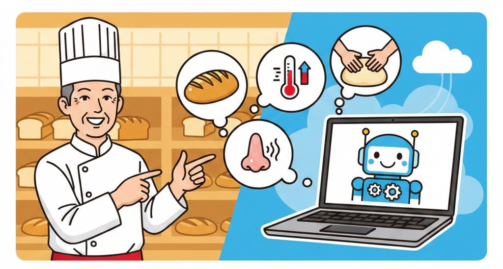 製パン職人がAIを道具として使い、品質管理の監督者として活躍するイメージ