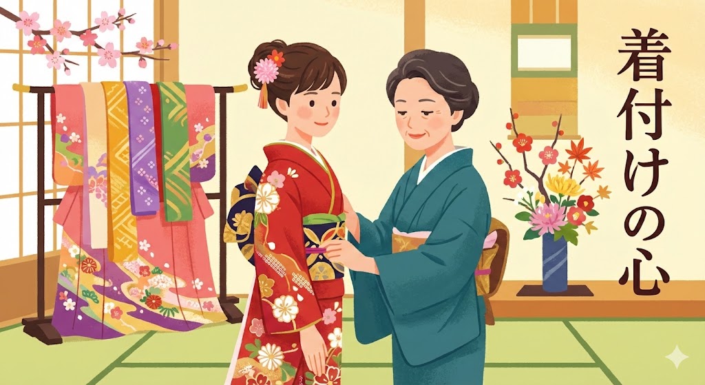 ベテラン着付け師が、鮮やかな振袖の帯を結び、丁寧に仕上げている様子