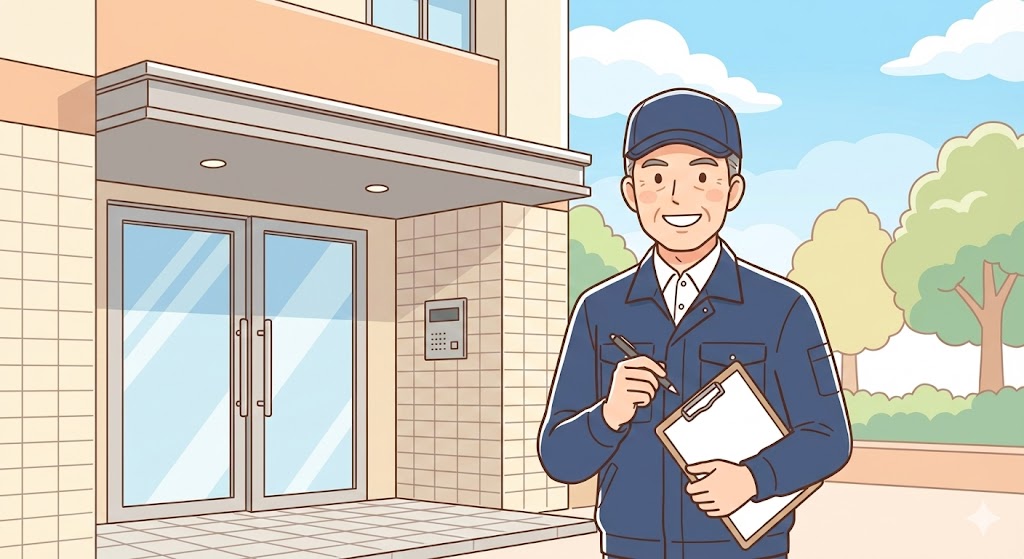 マンション管理員として働く60歳の男性、住民とのコミュニケーションを想像させるイラスト