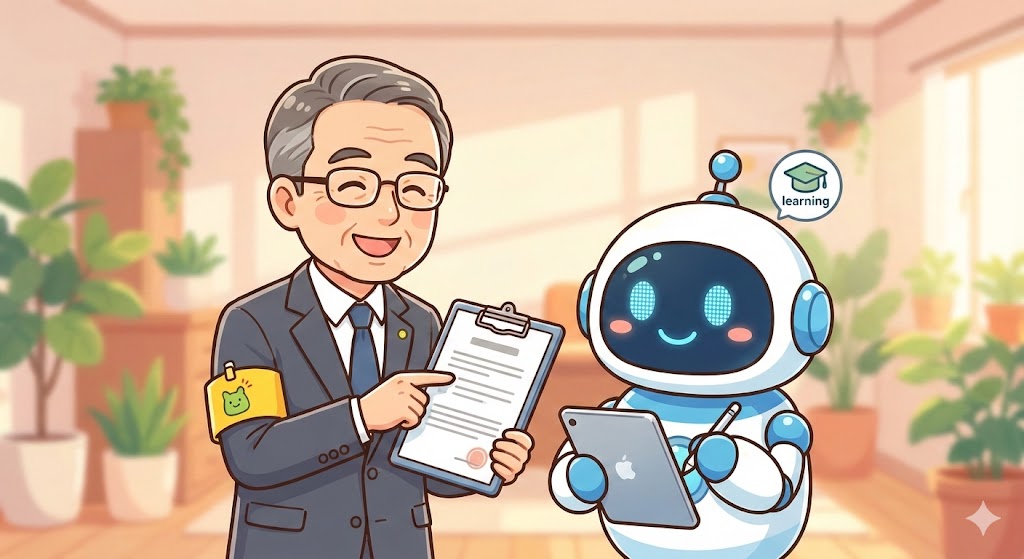 マンション管理員がAIロボットに指示を出し、協働作業をしているイメージイラスト