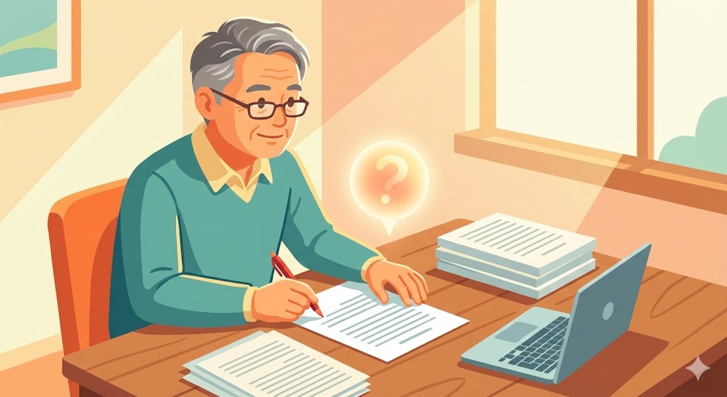 赤ペンを持ち原稿を読む校正者のイラスト。集中して原稿を確認する様子。