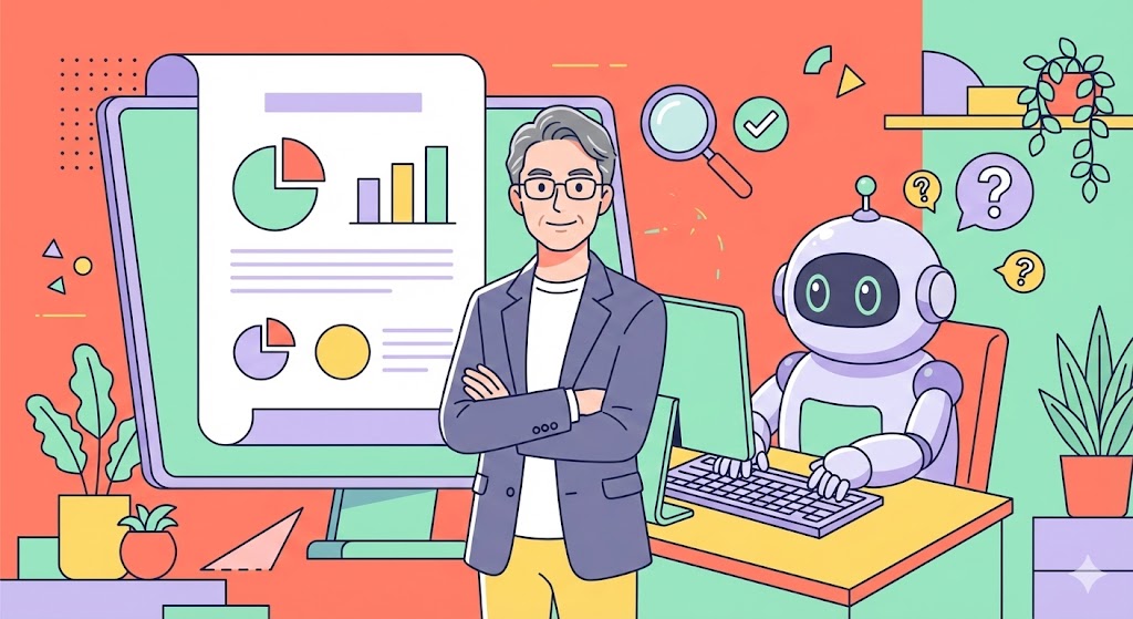 AI出力を監督する校正ベテランのイラスト。AIの生成物をチェックする様子。